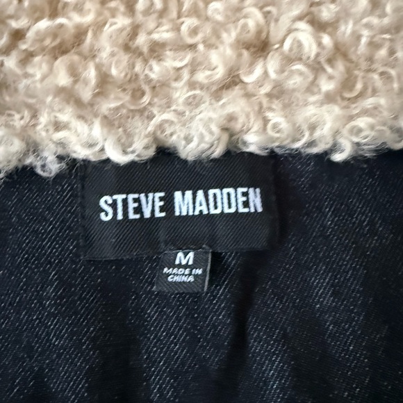 Steve Madden Dark Denim Jacket Plush Lapel Zip Sleeves Size M Timeless Mob Wife - Picture 7 of 14